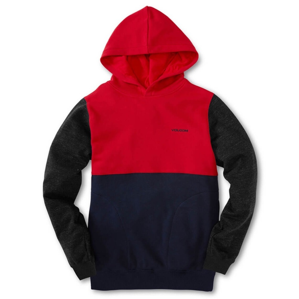 VOLCOM Red, Blue, & Gray Colorblock Division Long Sleeve Hoodie